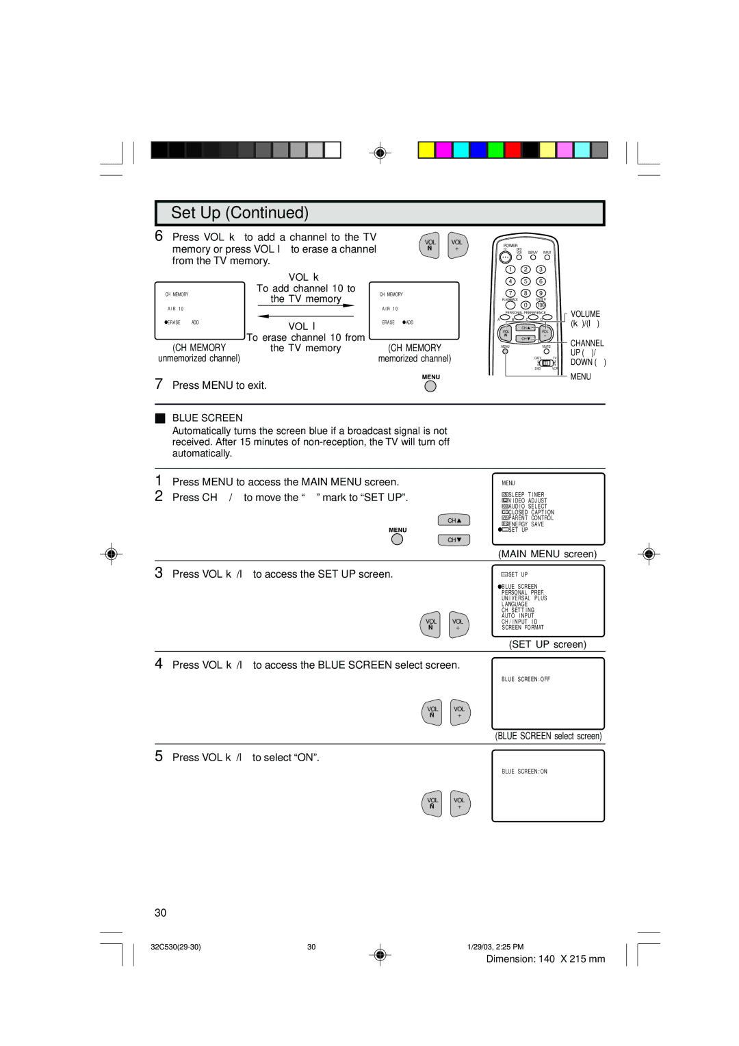 Sharp 32C530 operation manual VOL k, VOL l, Blue Screen 