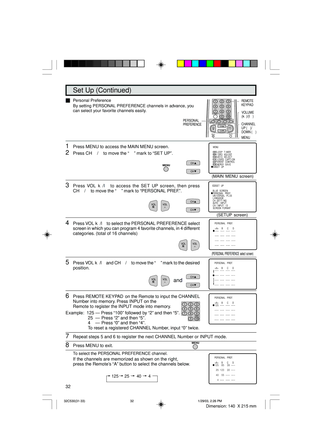 Sharp 32C530 operation manual Press 0 and then, To select the Personal Preference channel 