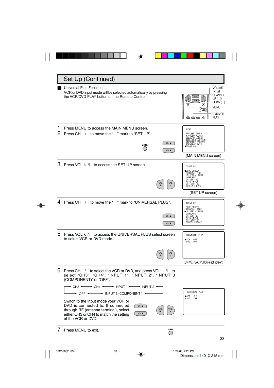 Sharp 32C530 operation manual Either CH3 or CH4 to match the setting VCR or DVD 