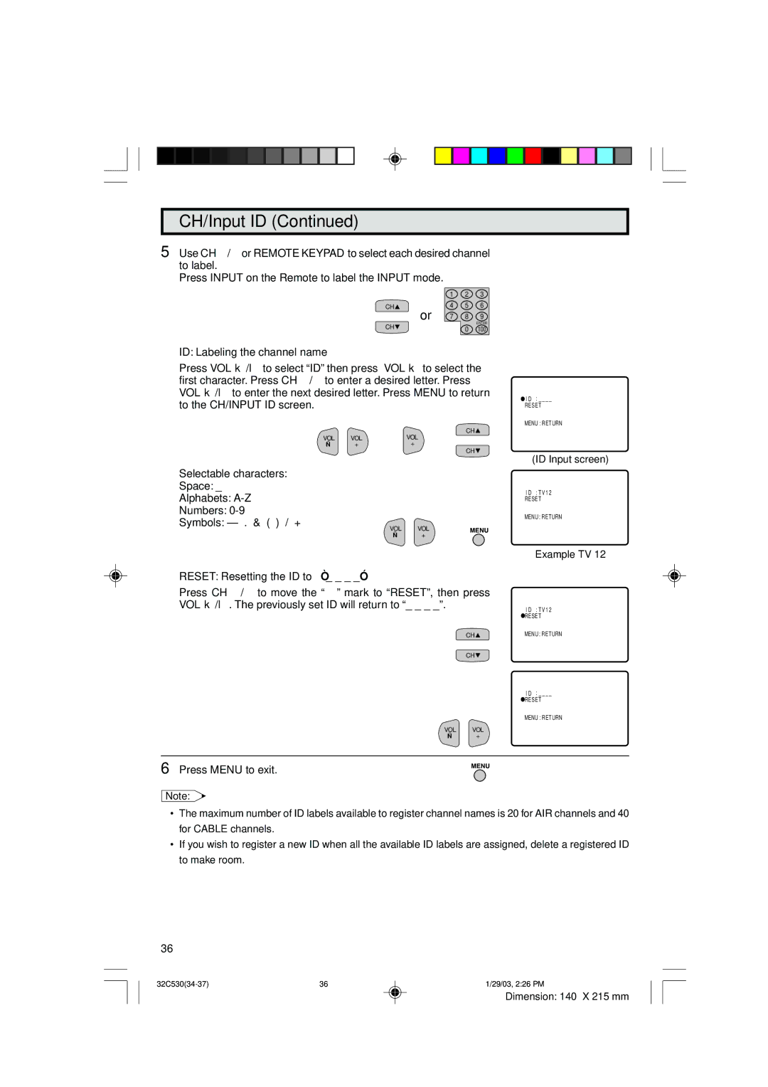 Sharp 32C530 operation manual ID Labeling the channel name, Selectable characters, Reset Resetting the ID to 