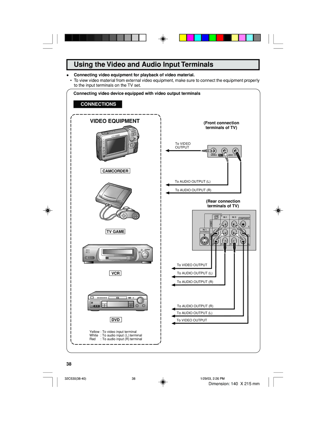 Sharp 32C530 Using the Video and Audio Input Terminals, Connecting video equipment for playback of video material 