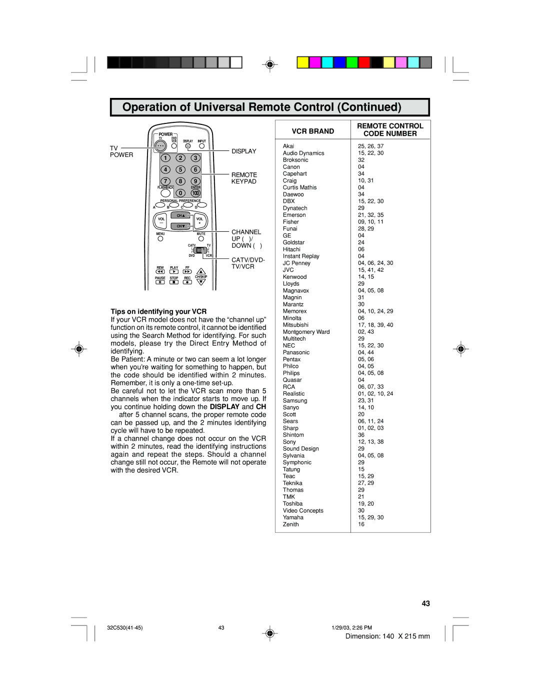 Sharp 32C530 operation manual VCR Brand Remote Control Code Number, Tips on identifying your VCR 