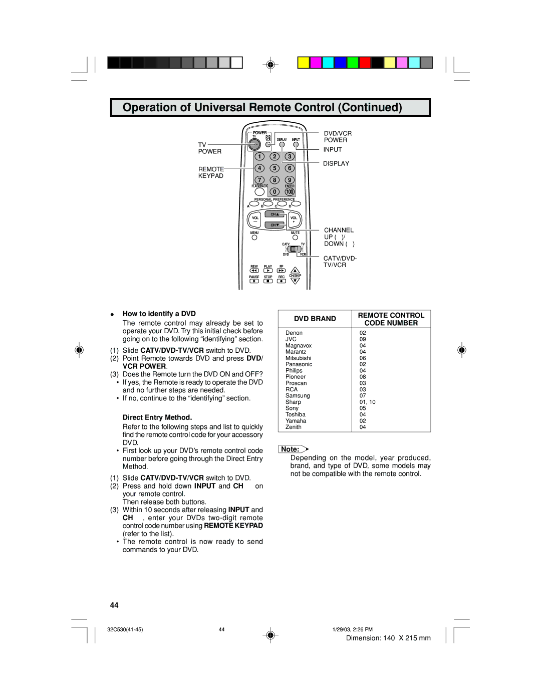 Sharp 32C530 operation manual How to identify a DVD, VCR Power, DVD Brand Remote Control Code Number 