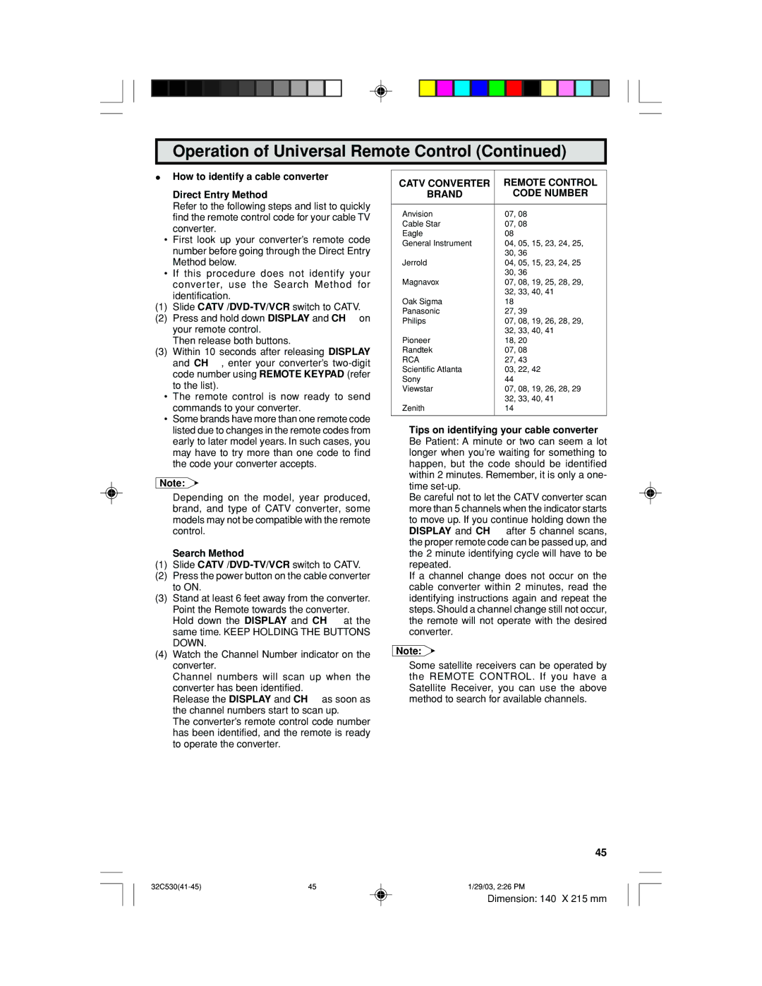 Sharp 32C530 How to identify a cable converter Direct Entry Method, Catv Converter Remote Control Brand Code Number 