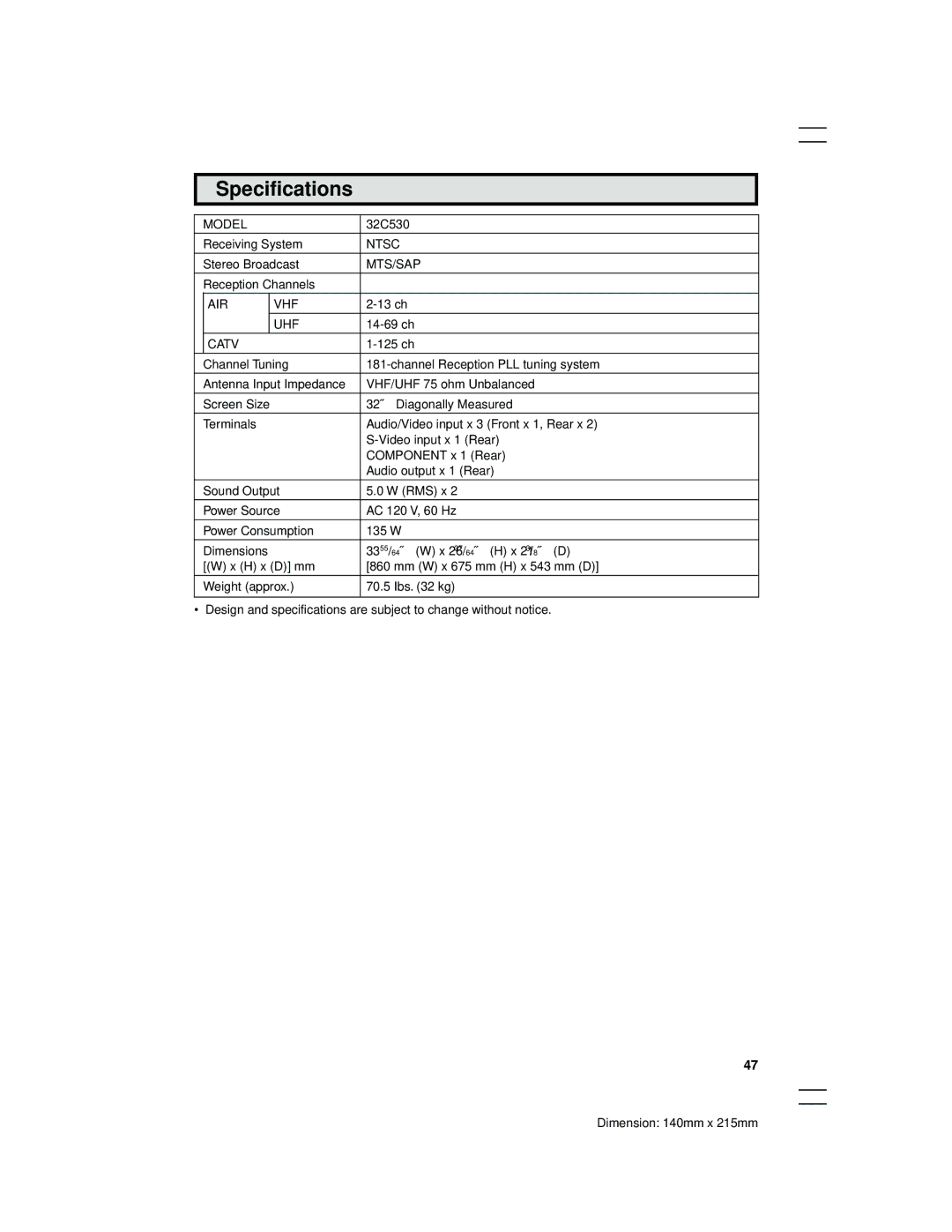 Sharp 32C530 operation manual Specifications, Catv 