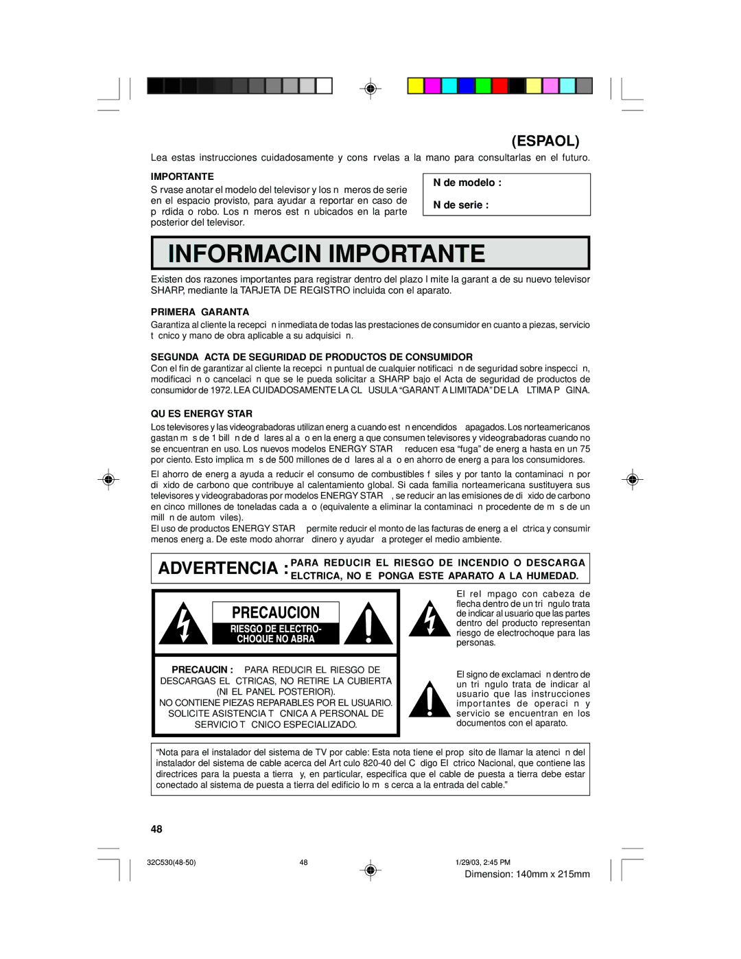 Sharp 32C530 Importante, De modelo De serie, Primera Garantía, Segunda Acta DE Seguridad DE Productos DE Consumidor 