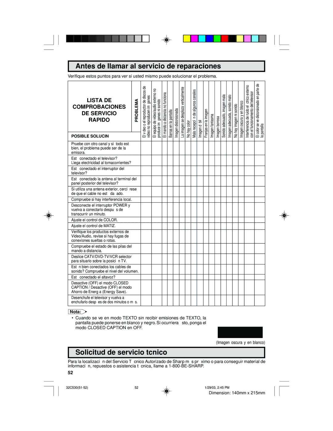 Sharp 32C530 operation manual Antes de llamar al servicio de reparaciones, Solicitud de servicio técnico 