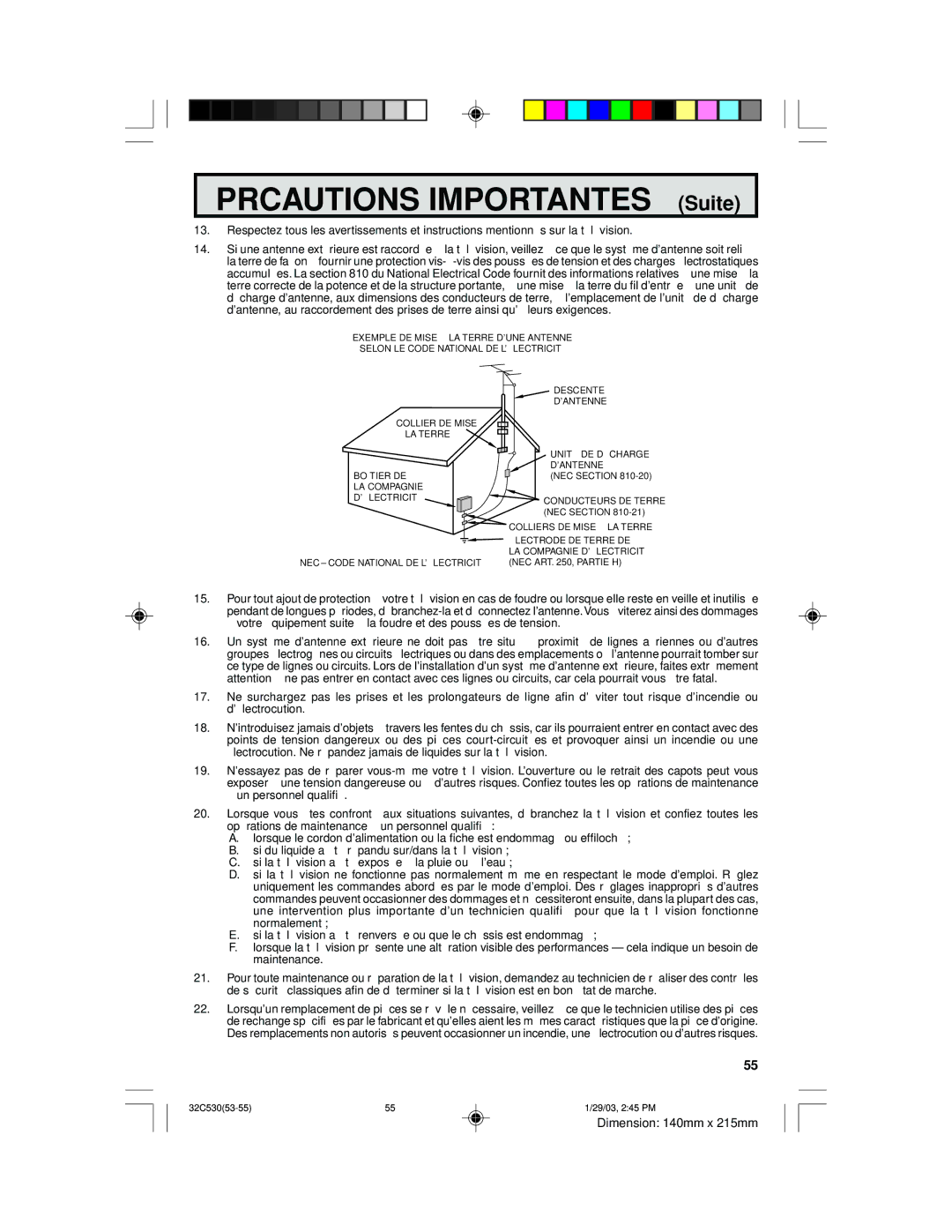 Sharp 32C530 operation manual Précautions Importantes Suite 