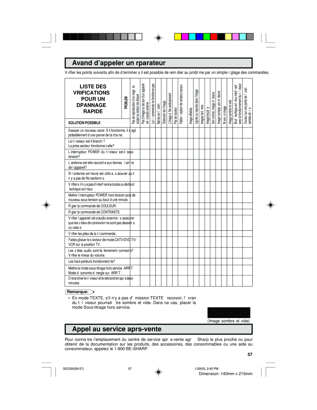 Sharp 32C530 operation manual Avand d’appeler un réparateur, Appel au service après-vente, Remarque 