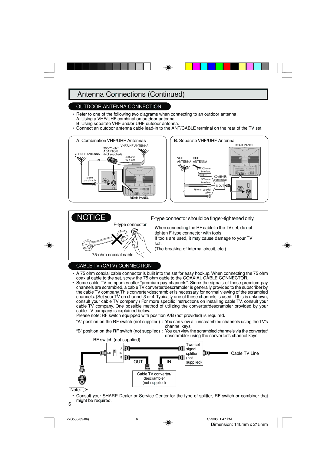 Sharp 32C530 operation manual Outdoor Antenna Connection, Combination VHF/UHF Antennas Separate VHF/UHF Antenna 