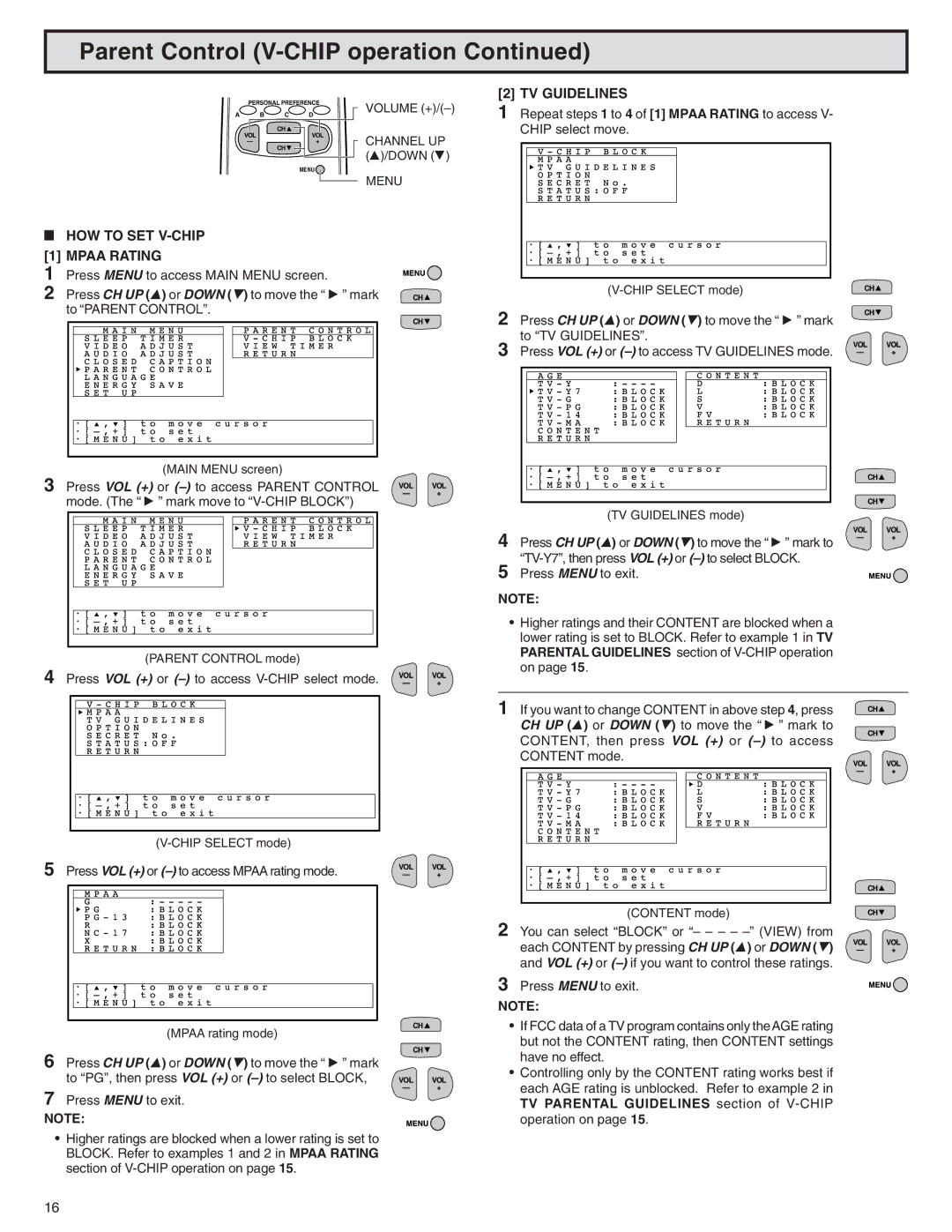 Sharp 32N-S500 warranty TV Guidelines, HOW to SET V-CHIP Mpaa Rating 