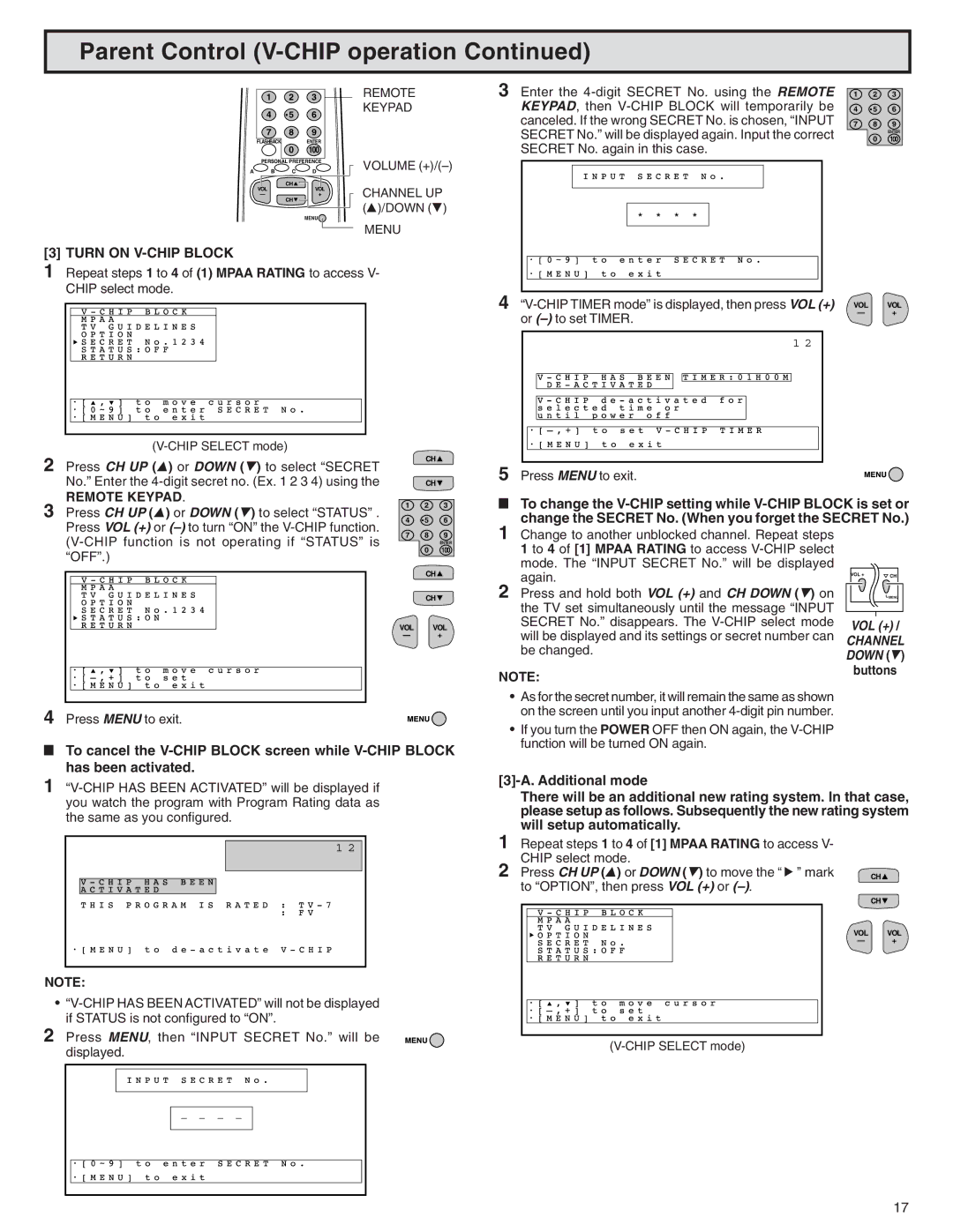 Sharp 32N-S500 warranty Turn on V-CHIP Block, Remote Keypad 