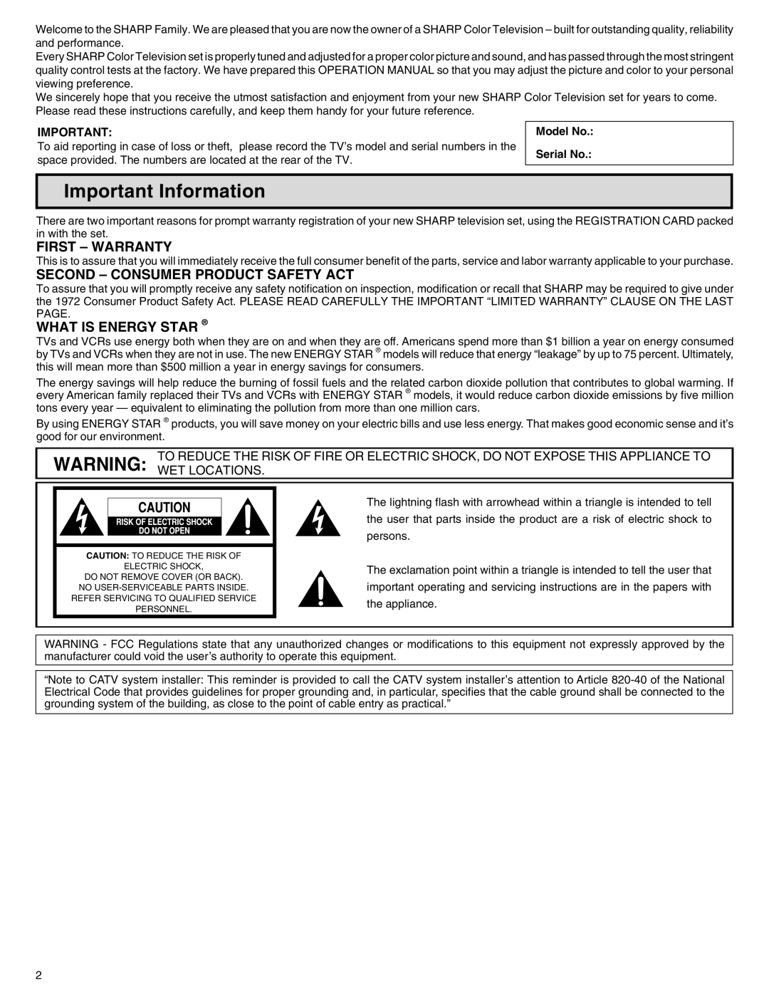 Sharp 32N-S500 warranty Important Information, Model No Serial No 