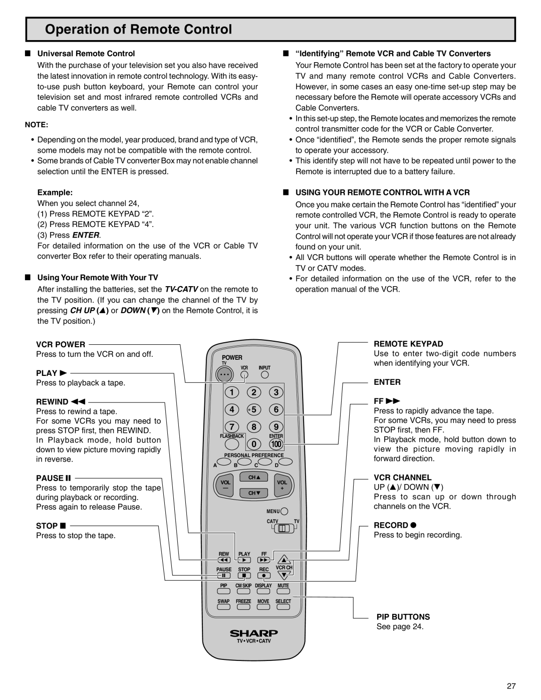 Sharp 32N-S500 warranty Operation of Remote Control 