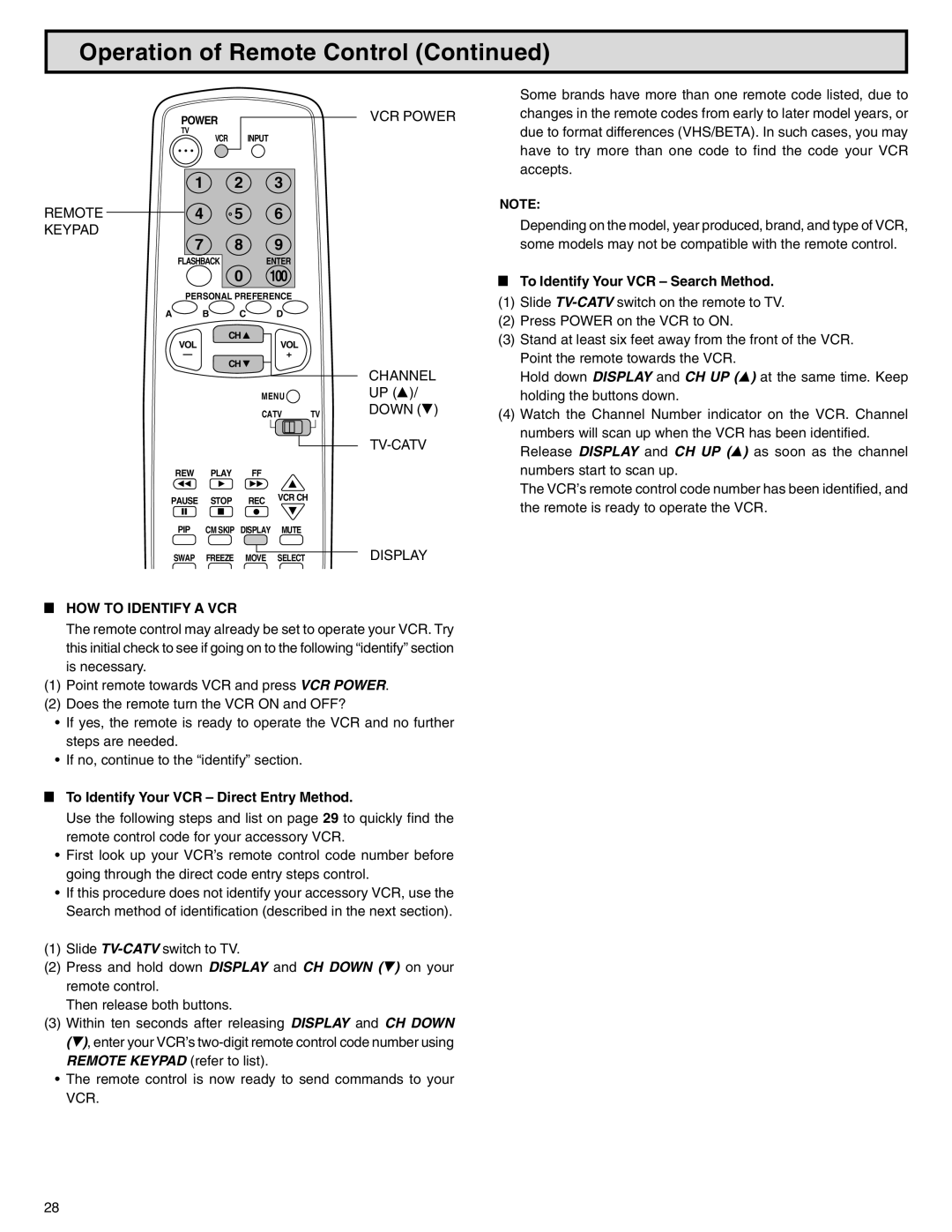 Sharp 32N-S500 warranty Channel, Tv-Catv, HOW to Identify a VCR, To Identify Your VCR Direct Entry Method 