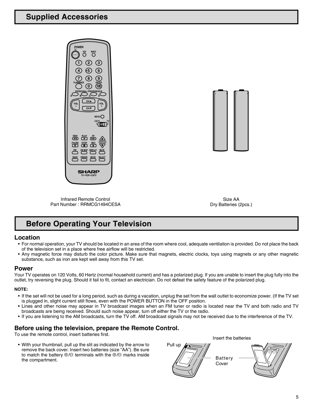 Sharp 32N-S500 warranty Supplied Accessories, Before Operating Your Television, Size AA, Pull up 