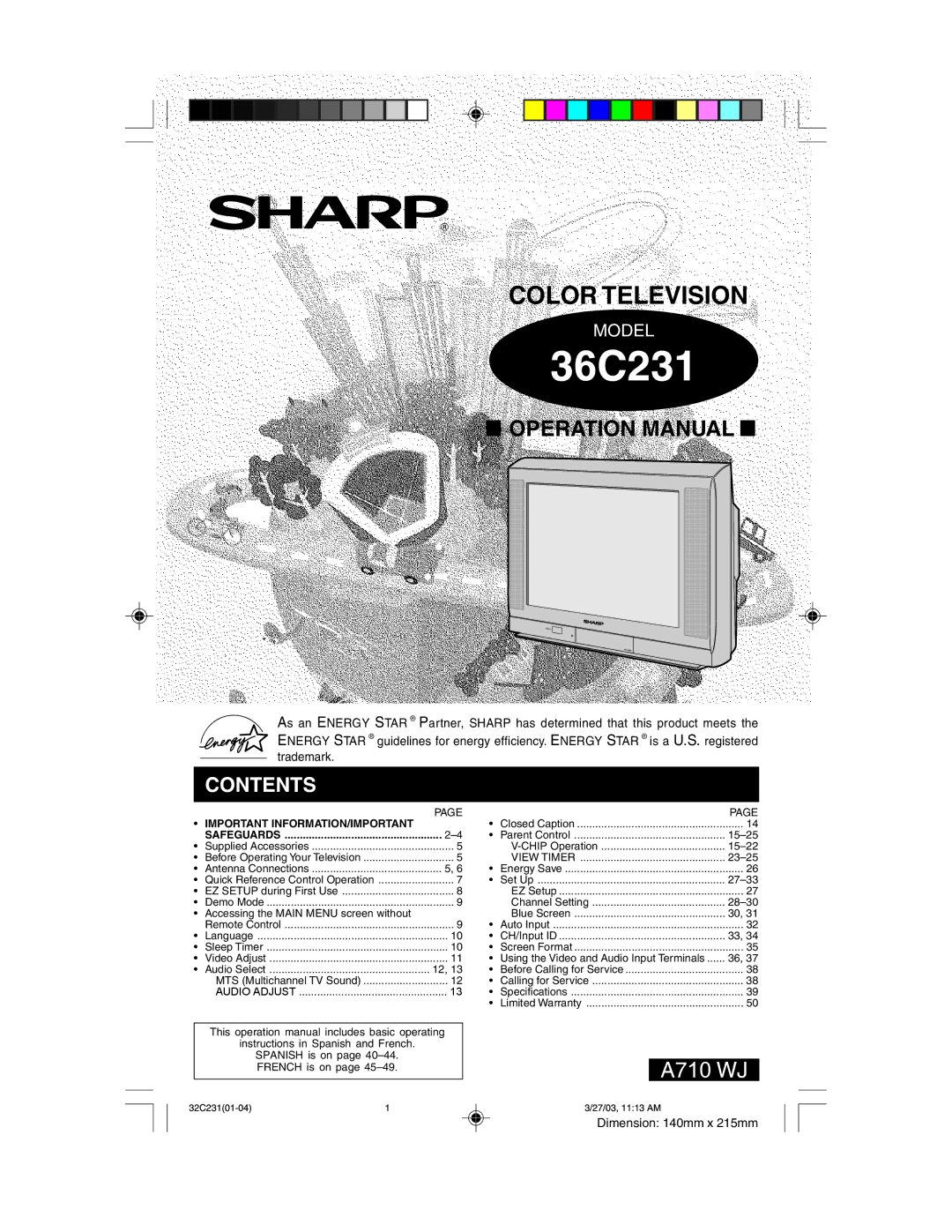 Sharp 36C231 operation manual 