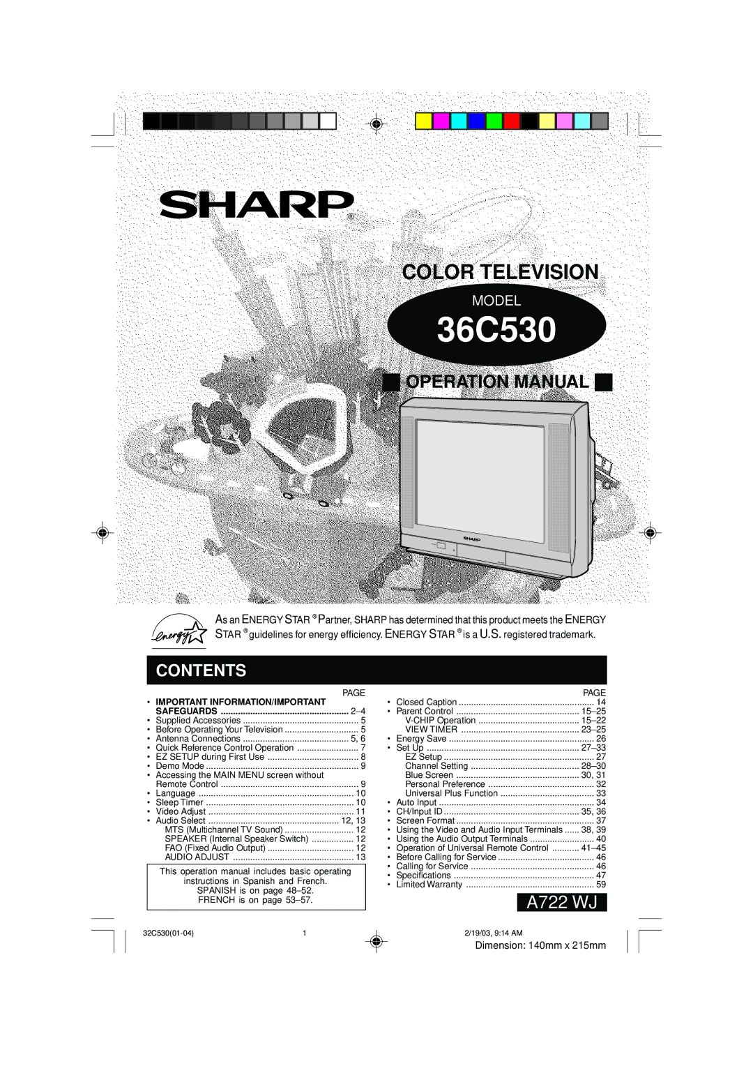 Sharp 36C530 operation manual 