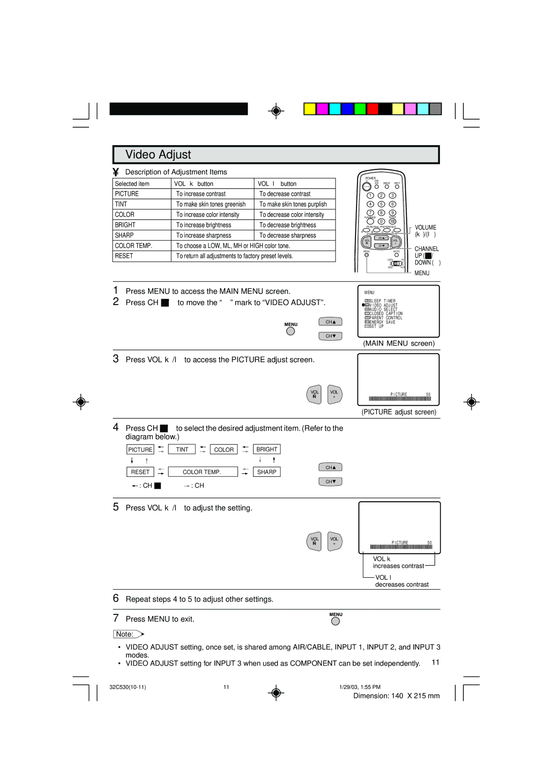 Sharp 36C530 operation manual Video Adjust, Description of Adjustment Items 