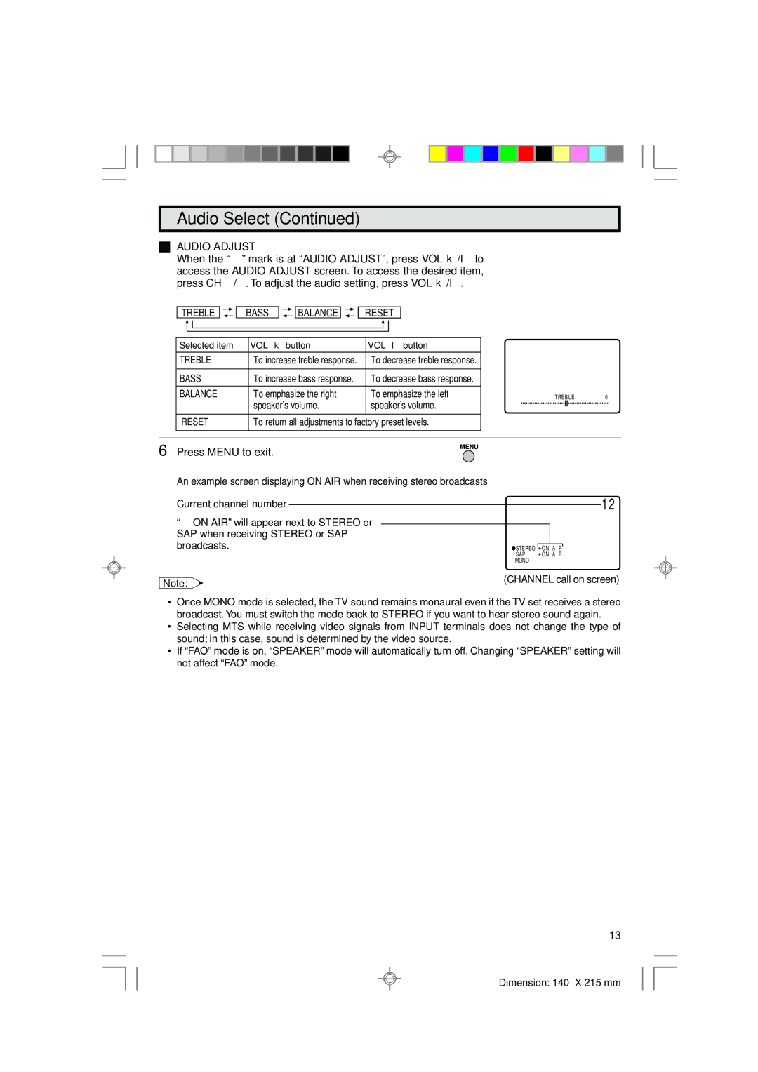 Sharp 36C530 operation manual Audio Adjust 