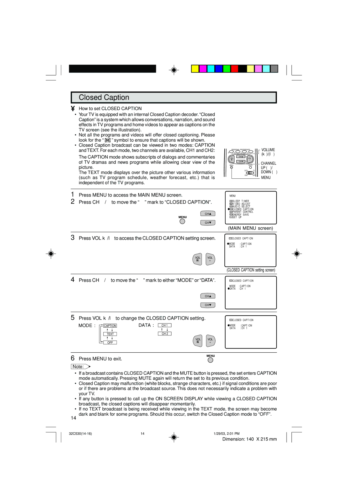 Sharp 36C530 operation manual Closed Caption, Mode Data 