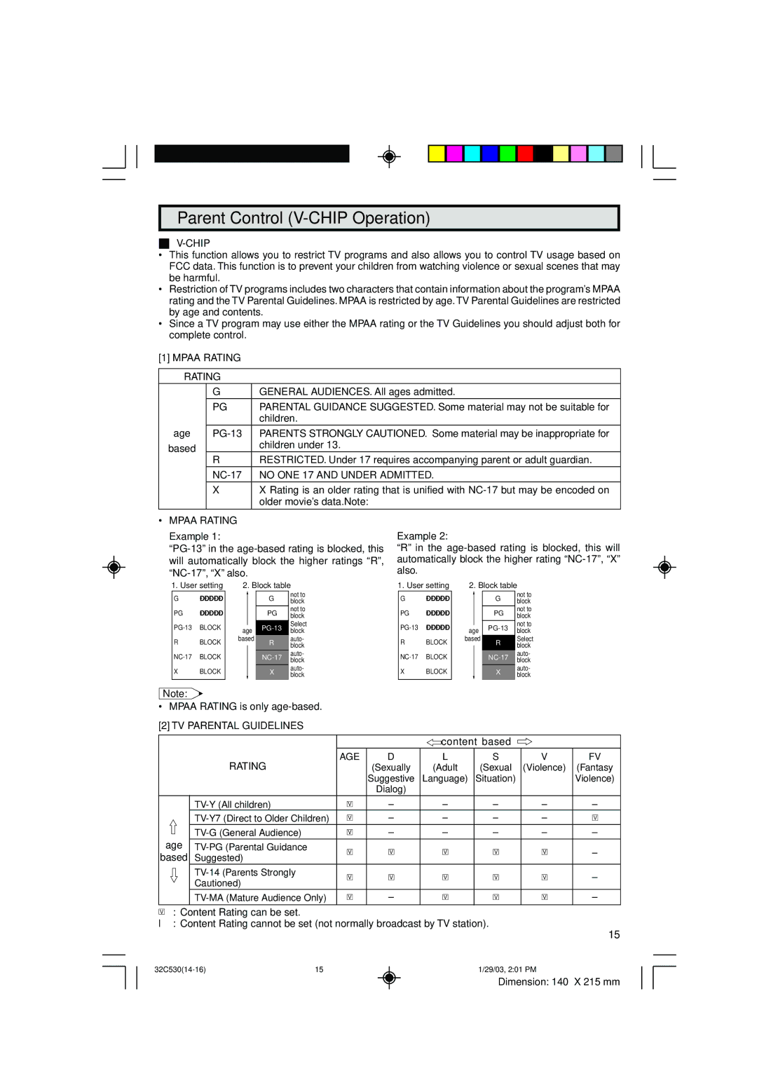 Sharp 36C530 operation manual Parent Control V-CHIP Operation, Chip, Mpaa Rating, TV Parental Guidelines 