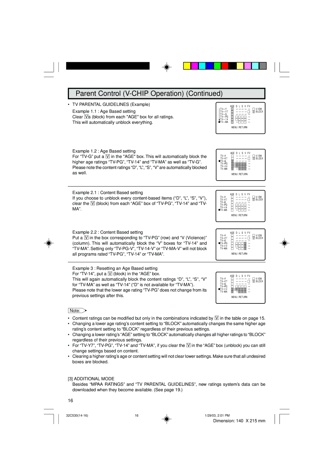 Sharp 36C530 Example 1.2 Age Based setting, Example 2.1 Content Based setting, Example 2.2 Content Based setting 