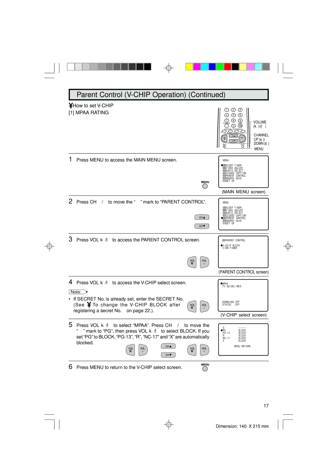 Sharp 36C530 operation manual How to set V-CHIP 1 Mpaa Rating 