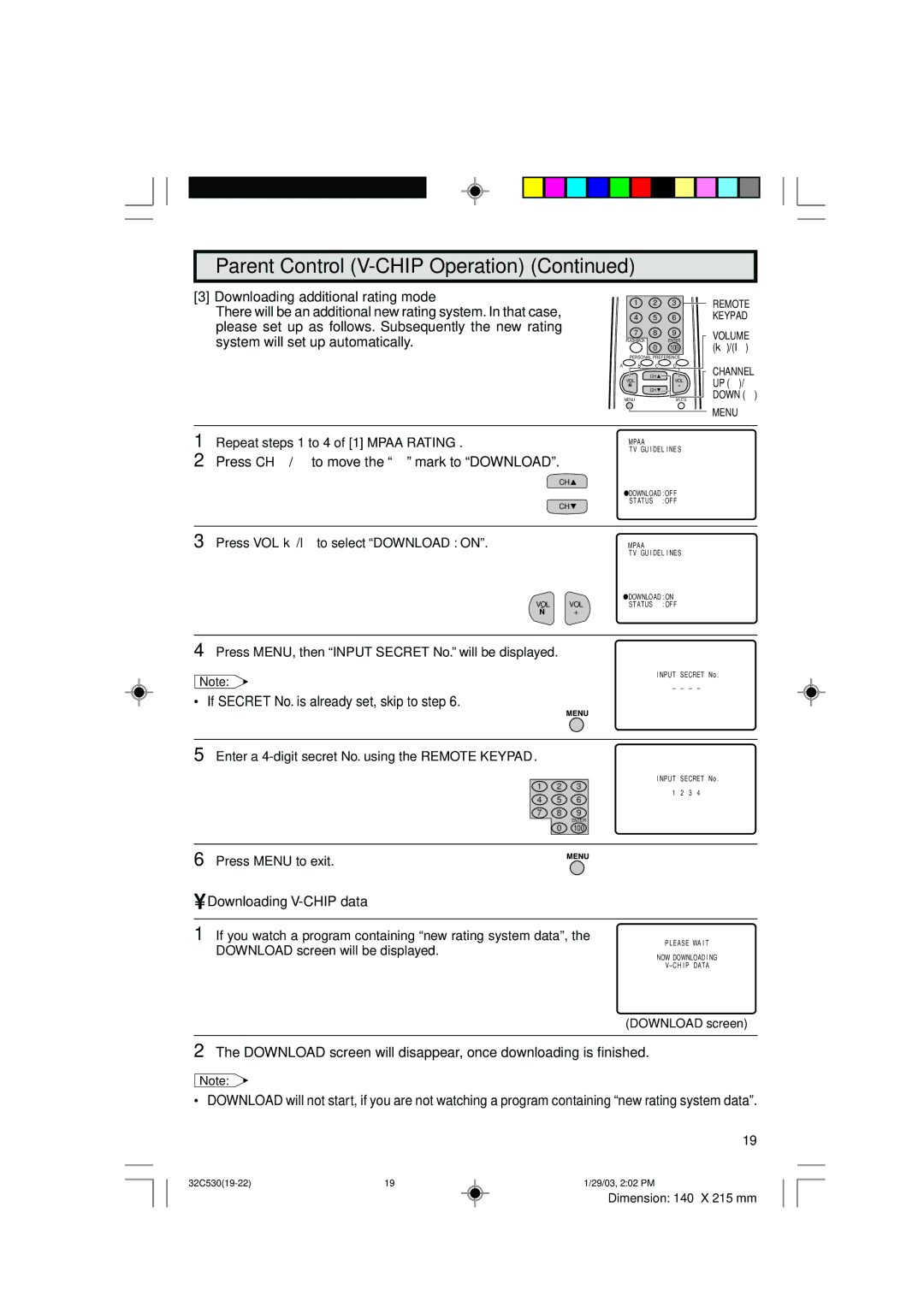 Sharp 36C530 operation manual Downloading V-CHIP data 