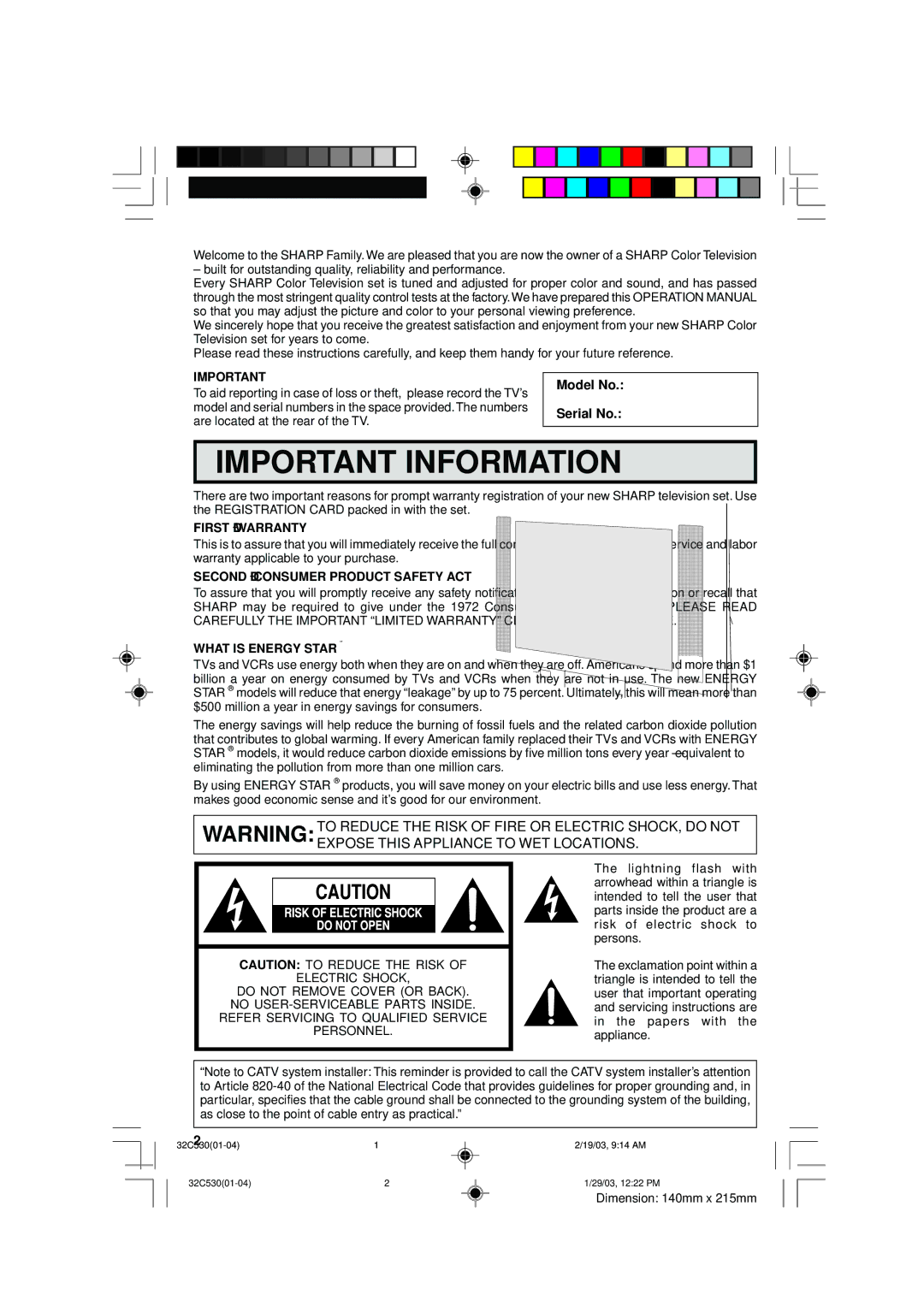 Sharp 36C530 operation manual Model No Serial No, First Warranty, Second Consumer Product Safety ACT, What is Energy Star 