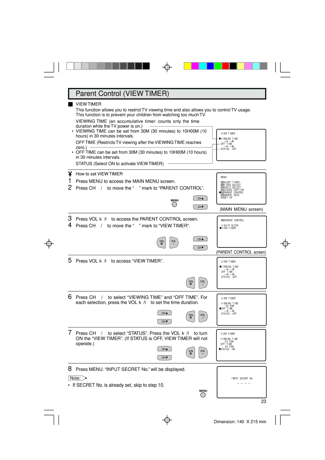 Sharp 36C530 operation manual Parent Control View Timer, Status Select on to activate View Timer, How to set View Timer 