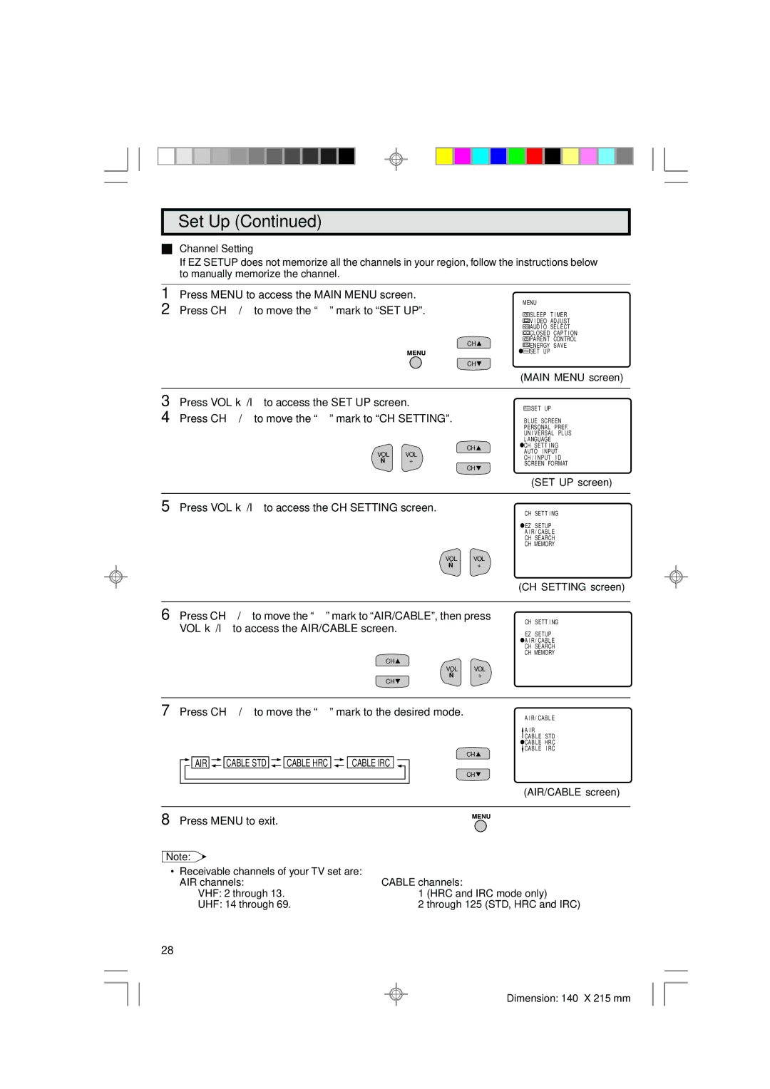 Sharp 36C530 operation manual Press VOL k/lto access the CH Setting screen SET UP screen 