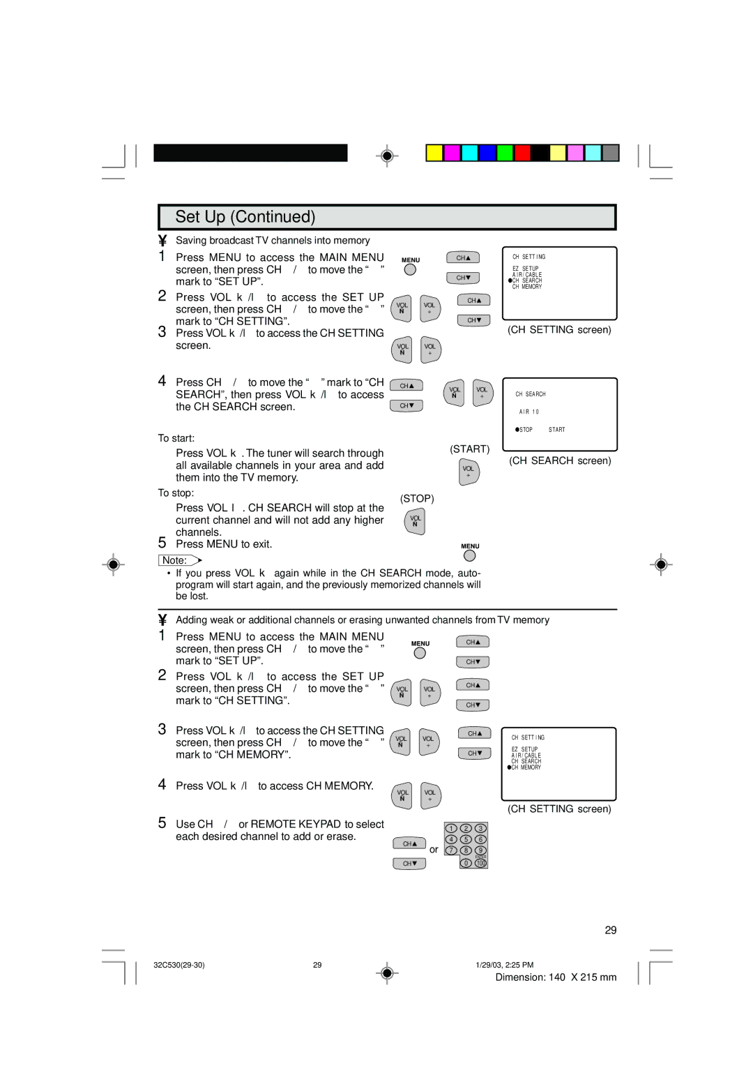 Sharp 36C530 operation manual Saving broadcast TV channels into memory, To start, To stop, Mark to CH Setting 