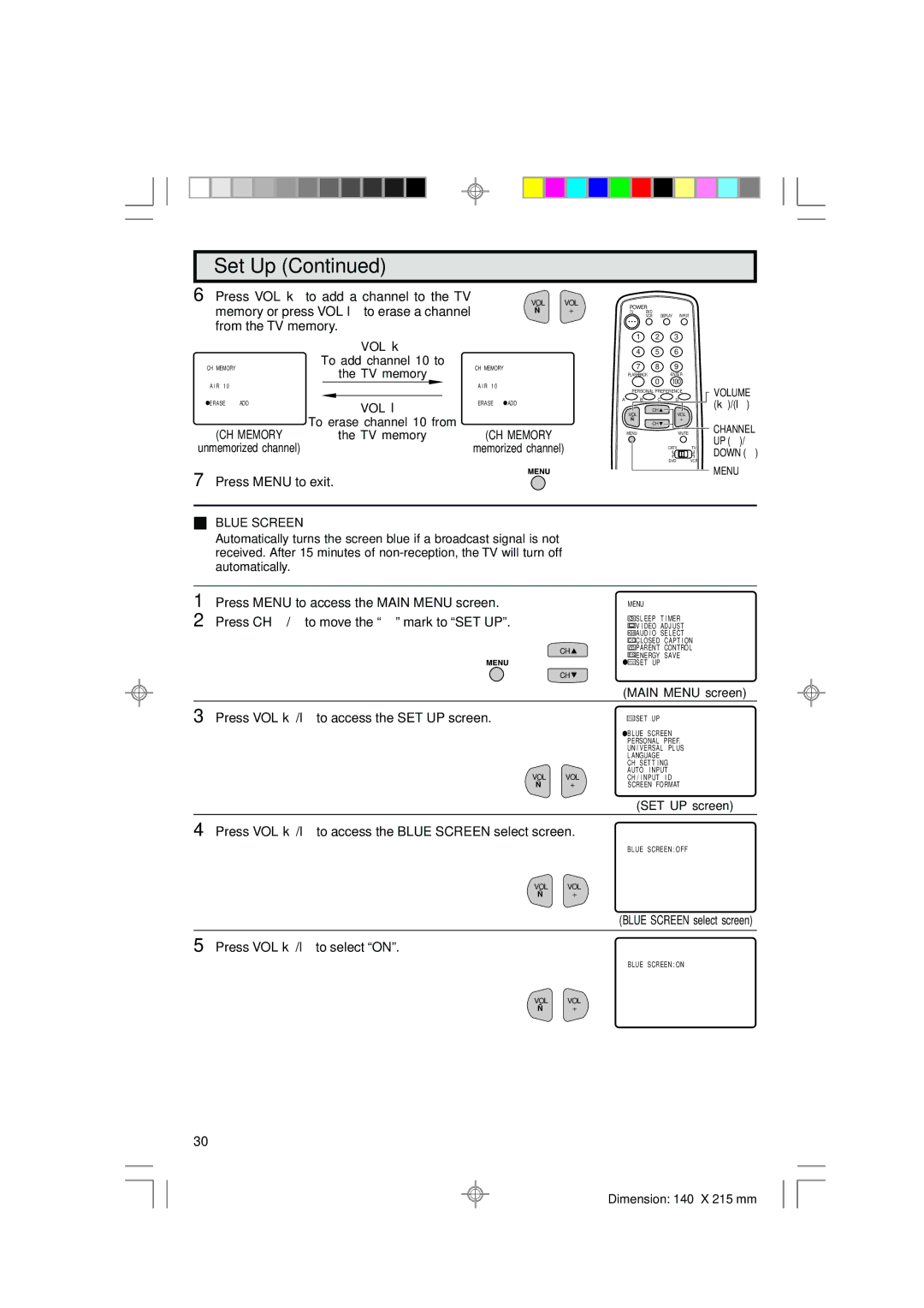 Sharp 36C530 operation manual VOL k, VOL l, Blue Screen 