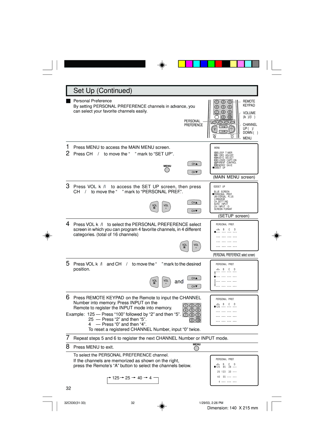 Sharp 36C530 operation manual Press 0 and then, To select the Personal Preference channel 