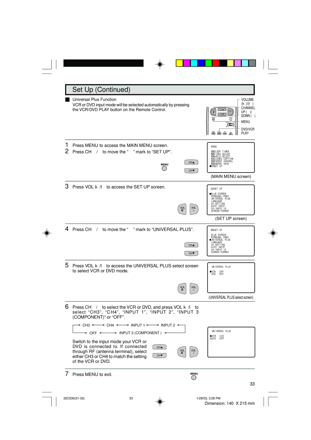 Sharp 36C530 operation manual Either CH3 or CH4 to match the setting VCR or DVD 