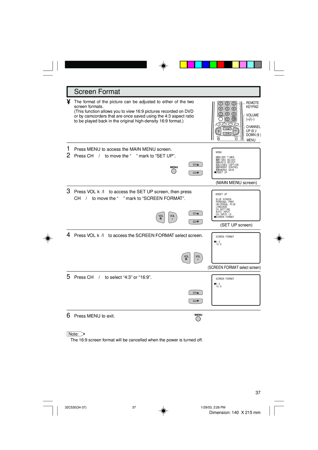 Sharp 36C530 operation manual Screen Format, Format of the picture can be adjusted to either of the two, Screen formats 