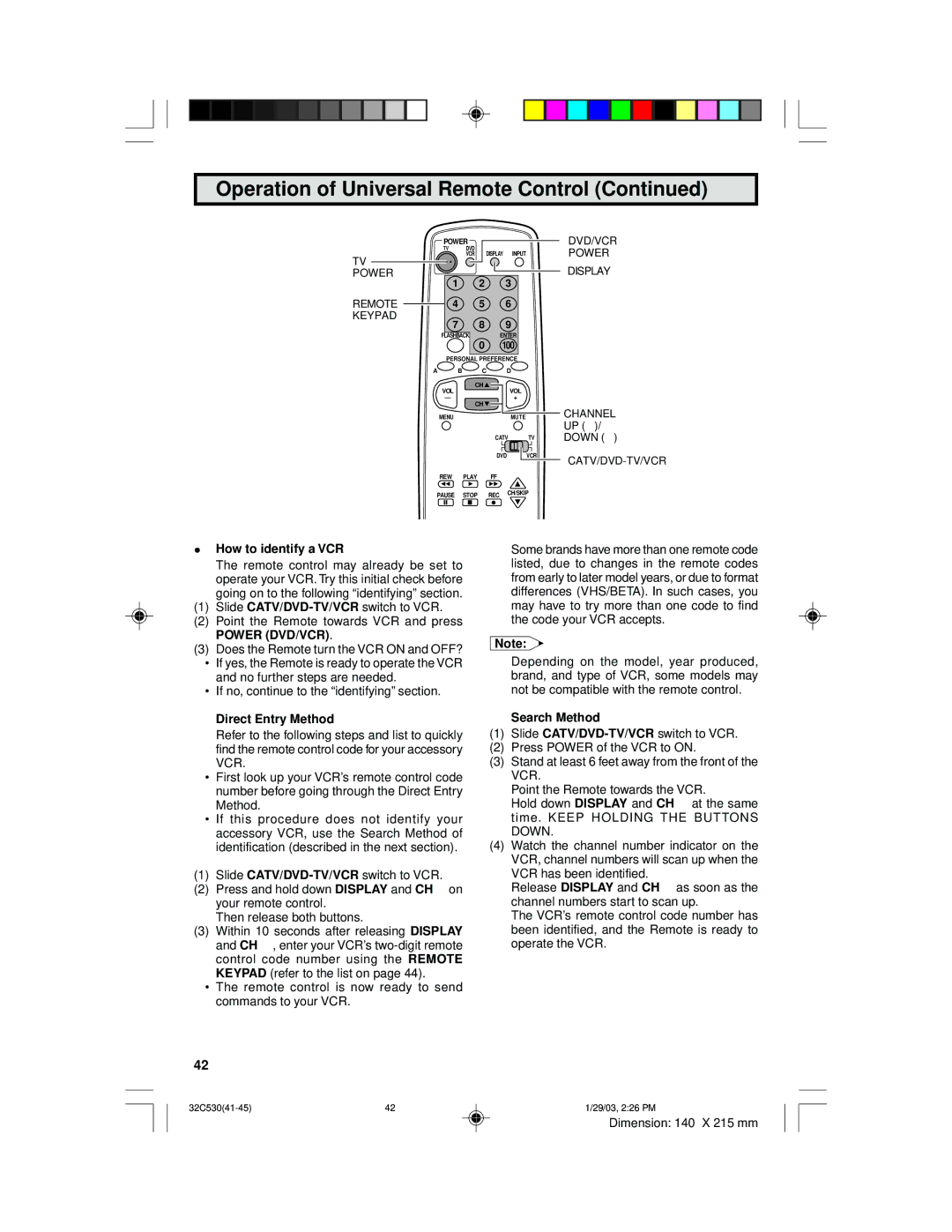 Sharp 36C530 operation manual How to identify a VCR, Direct Entry Method, Search Method, Power Remote Keypad 