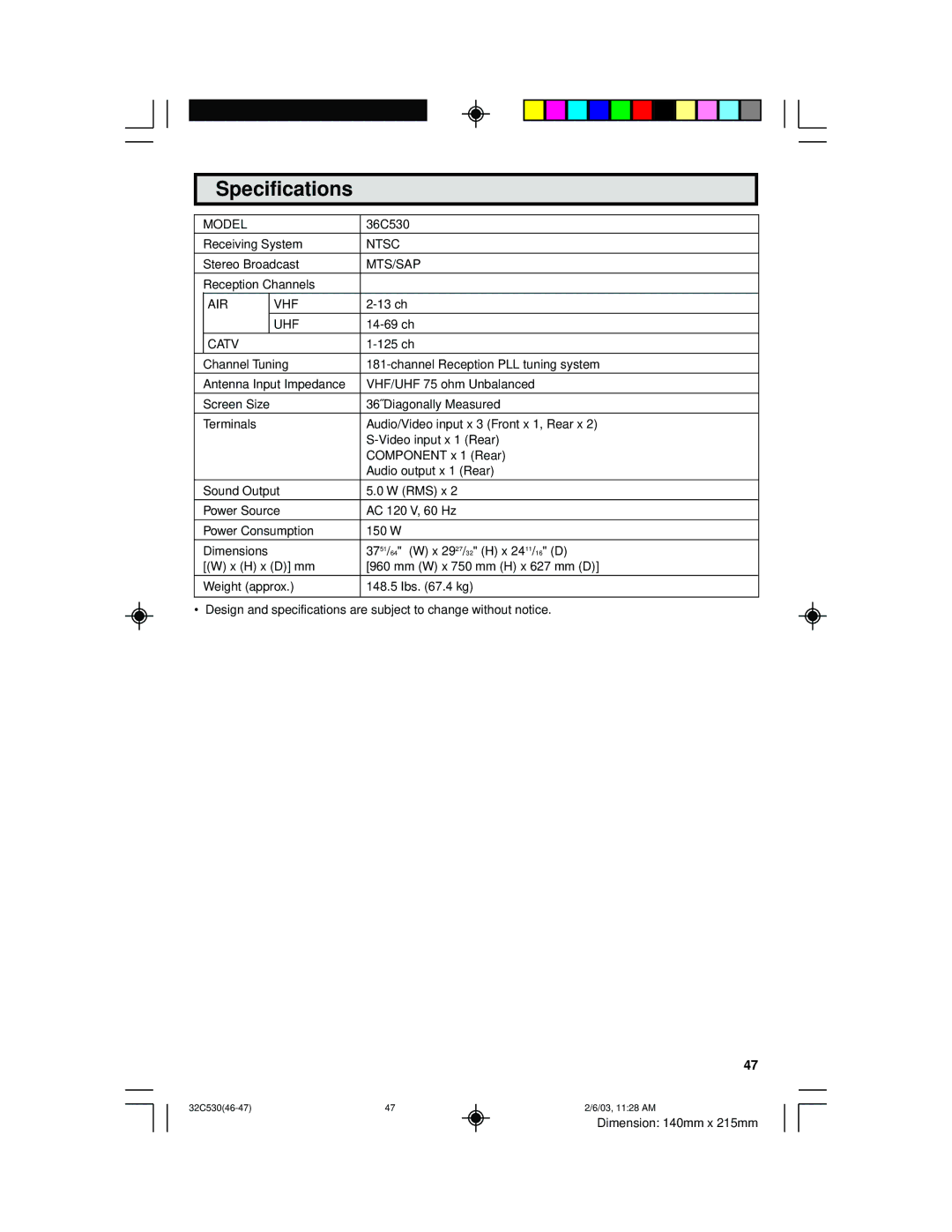 Sharp 36C530 operation manual Specifications, Catv 