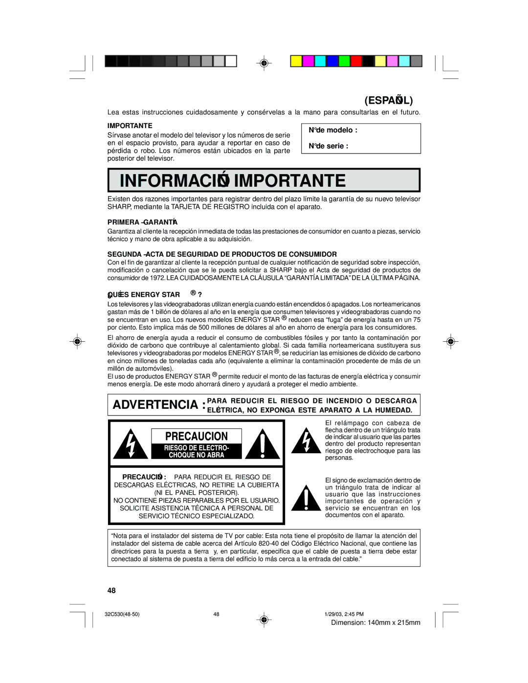 Sharp 36C530 Importante, De modelo De serie, Primera Garantía, Segunda Acta DE Seguridad DE Productos DE Consumidor 