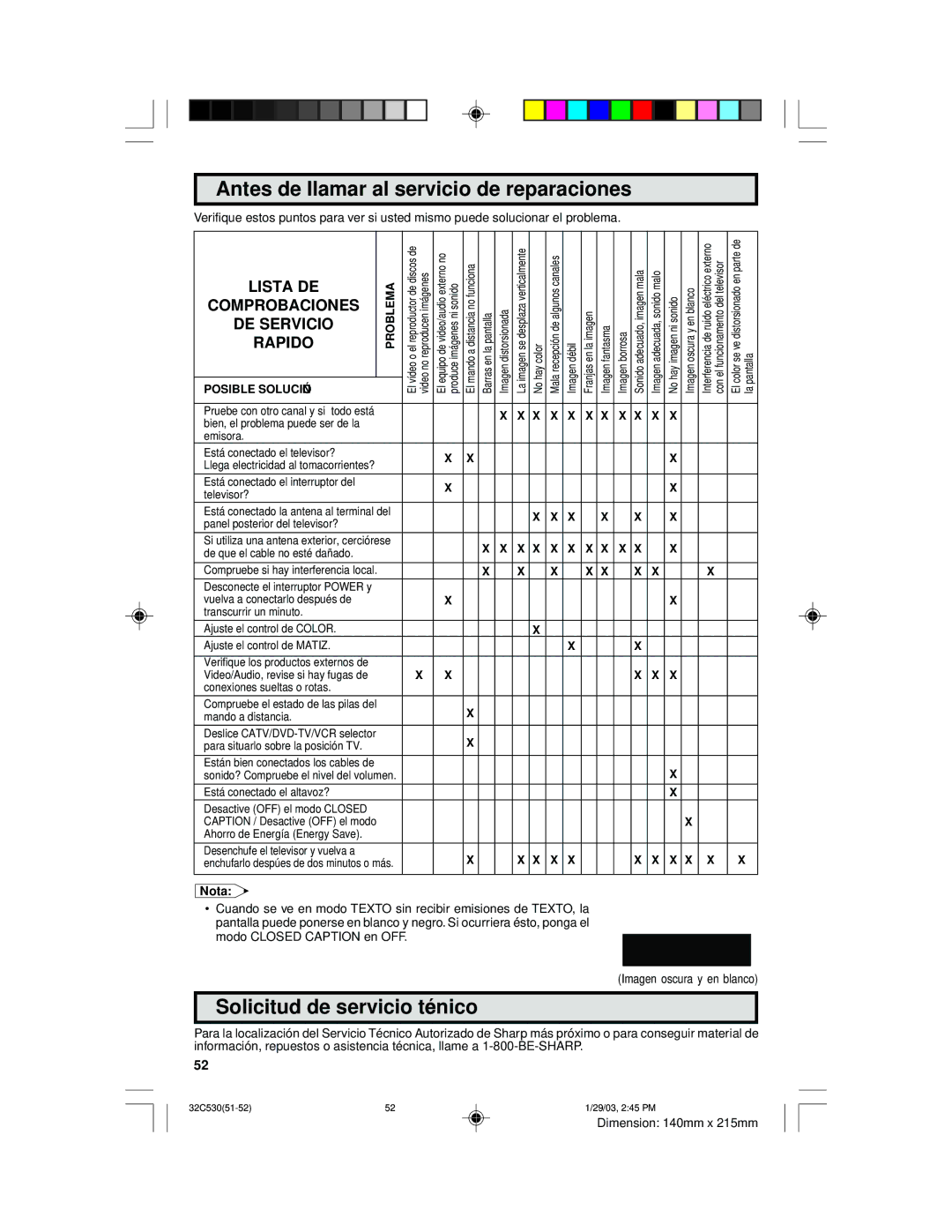 Sharp 36C530 operation manual Antes de llamar al servicio de reparaciones, Solicitud de servicio técnico 