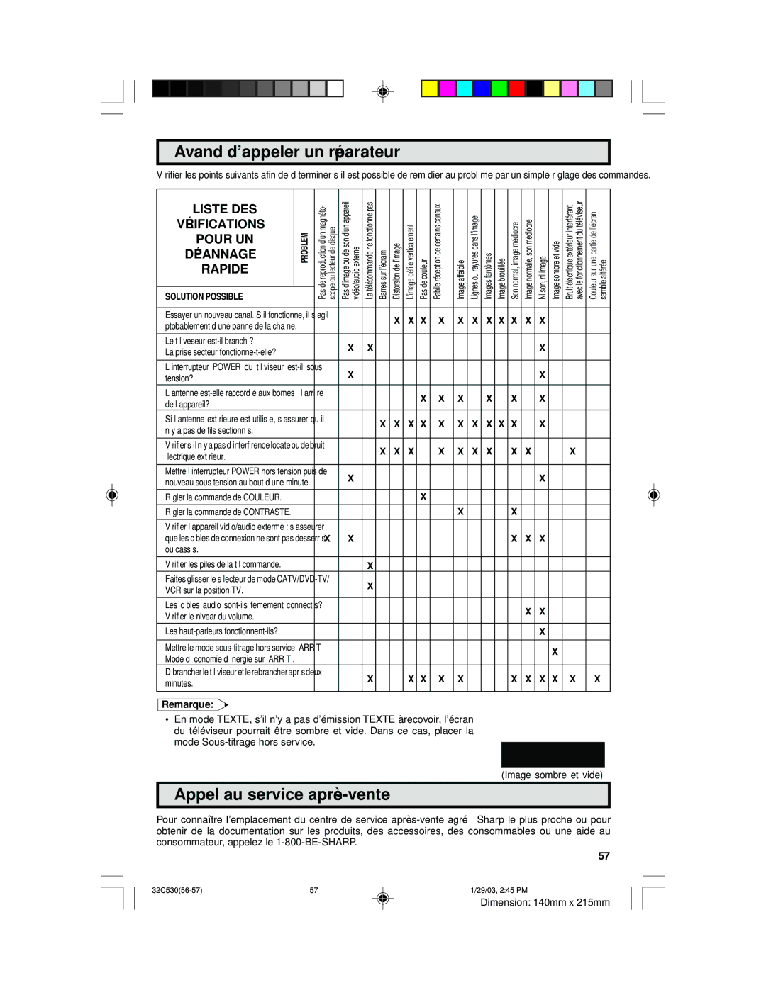 Sharp 36C530 operation manual Avand d’appeler un réparateur, Appel au service après-vente, Remarque 