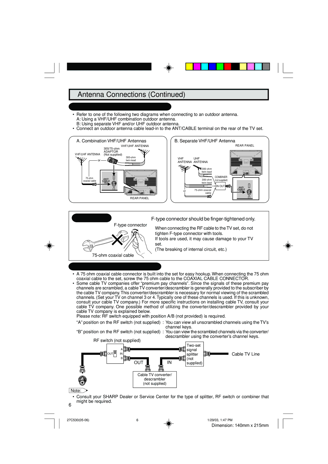 Sharp 36C530 operation manual Outdoor Antenna Connection, Combination VHF/UHF Antennas Separate VHF/UHF Antenna 