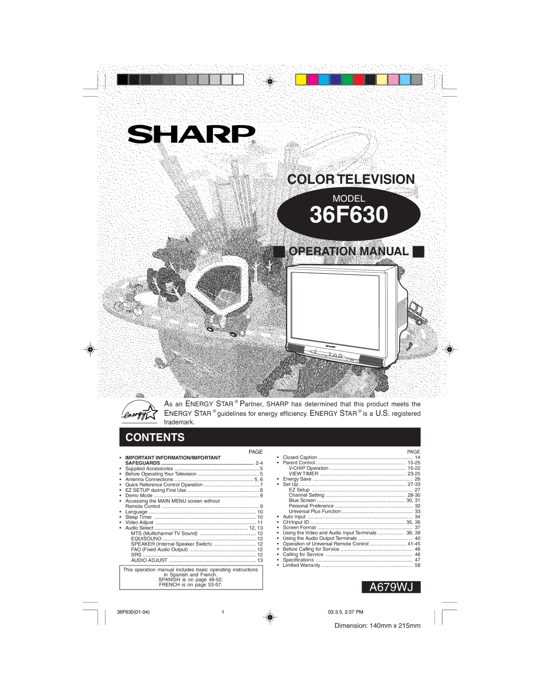 Sharp 36F630 operation manual 