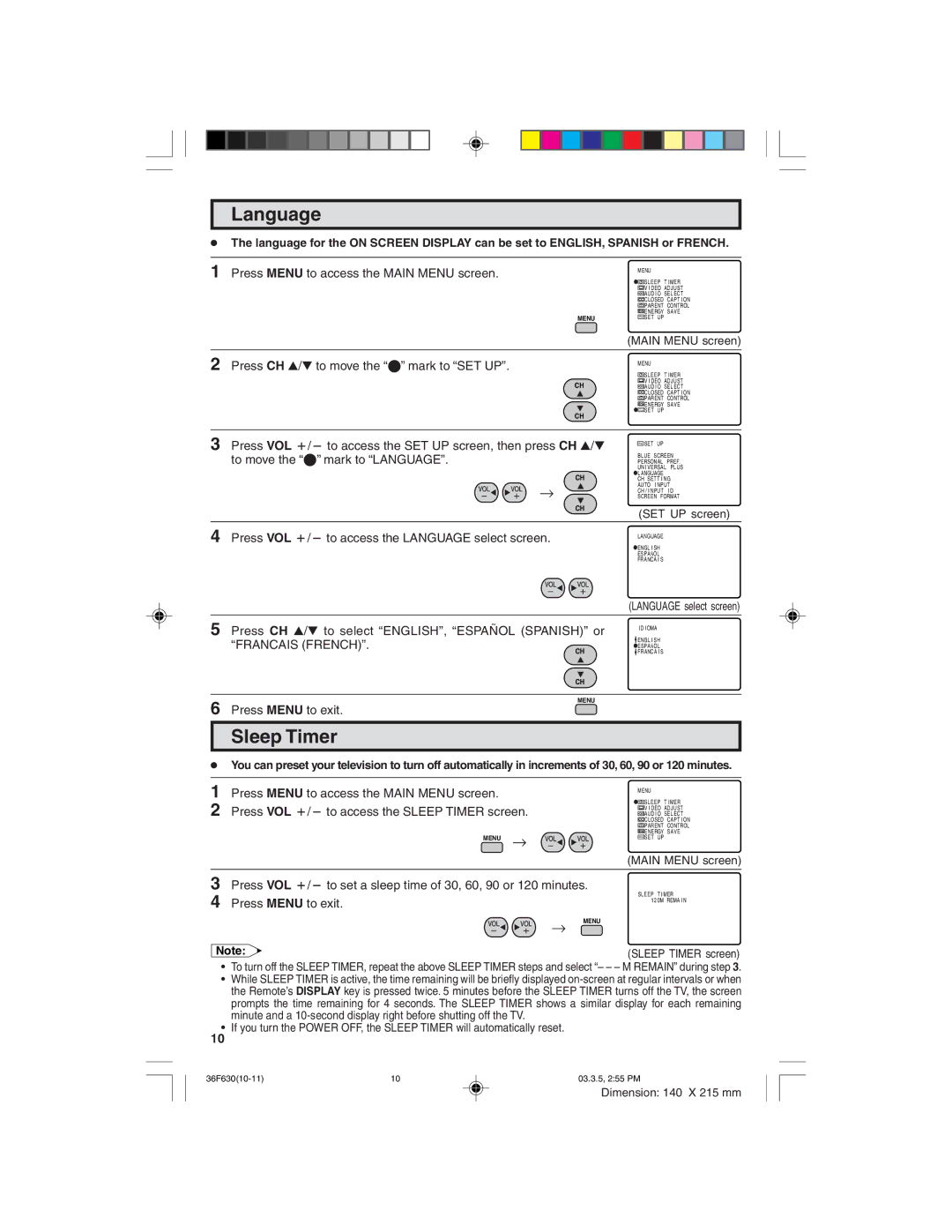 Sharp 36F630 operation manual Language, Sleep Timer 