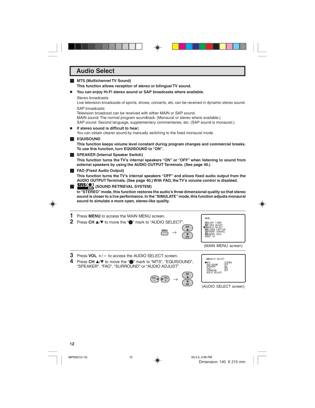 Sharp 36F630 operation manual Audio Select, If stereo sound is difficult to hear, Equisound, Sound Retrieval System 