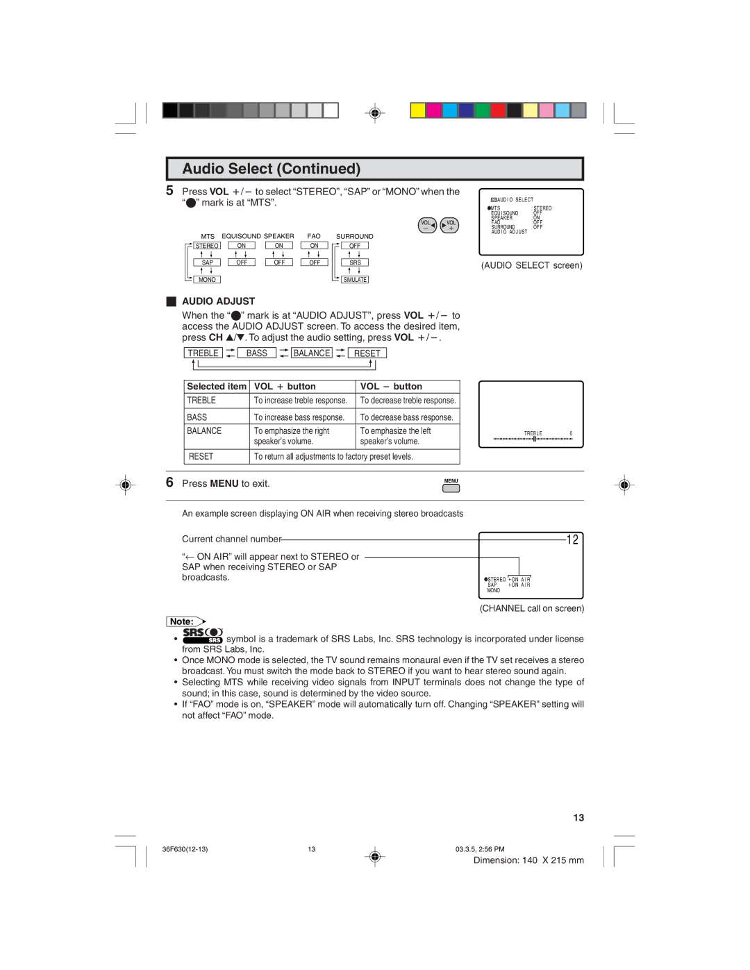 Sharp 36F630 operation manual Audio Adjust, Selected item VOL k button VOL l button 