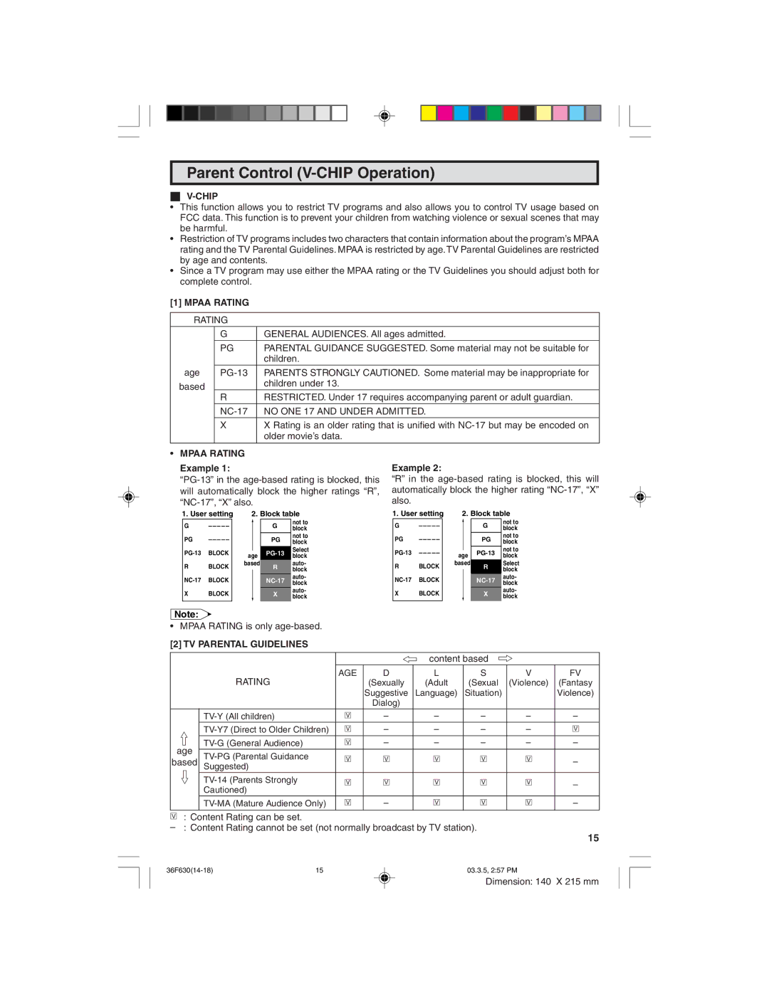 Sharp 36F630 operation manual Parent Control V-CHIP Operation, Chip, Mpaa Rating, TV Parental Guidelines 