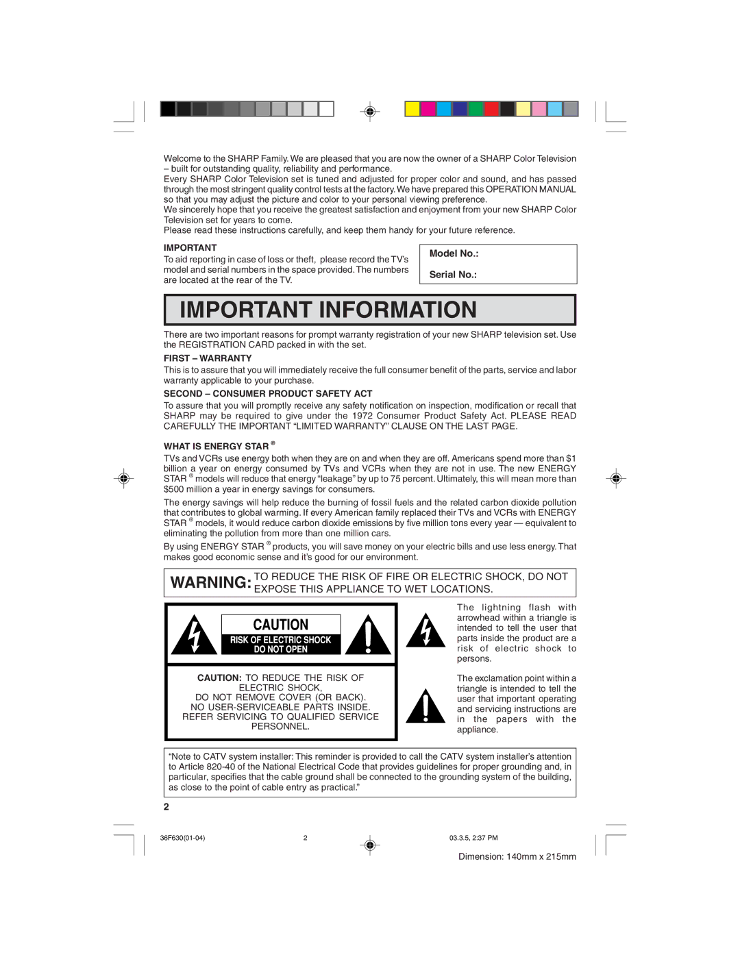 Sharp 36F630 operation manual Model No Serial No, First Warranty, Second Consumer Product Safety ACT, What is Energy Star 