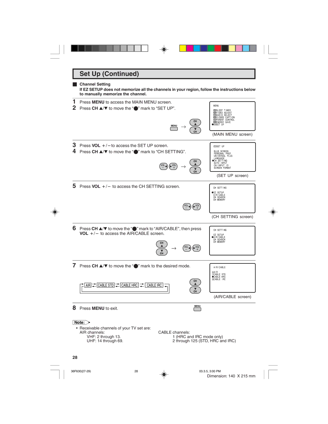 Sharp 36F630 operation manual Press CH a/s to move the E mark to the desired mode 